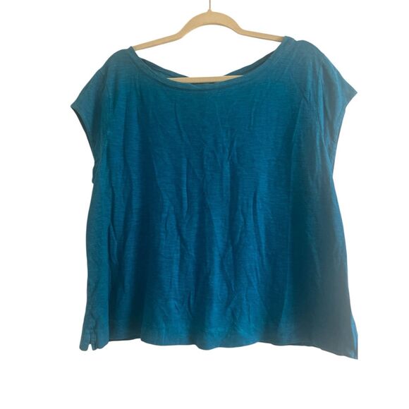 ✨Eileen Fisher Ballet Neck Button Back Crop Teal Sz Large Top✨ - Picture 4 of 7